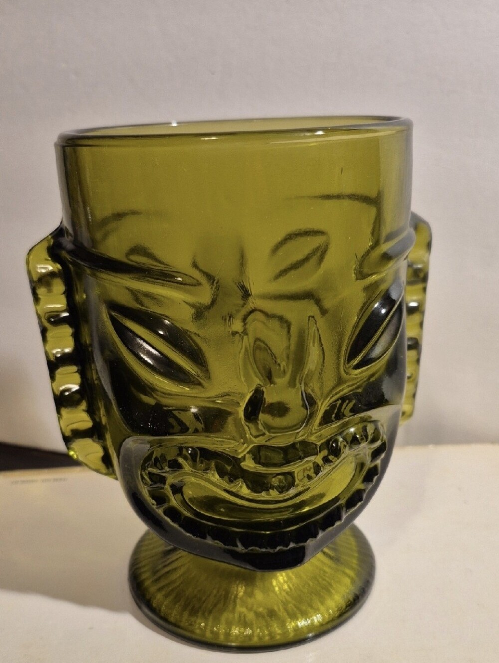 Rare Vintage Green Indiana Glass Tiki Hawaiian 2 Sided Happy Sad Face Tiki Bowl